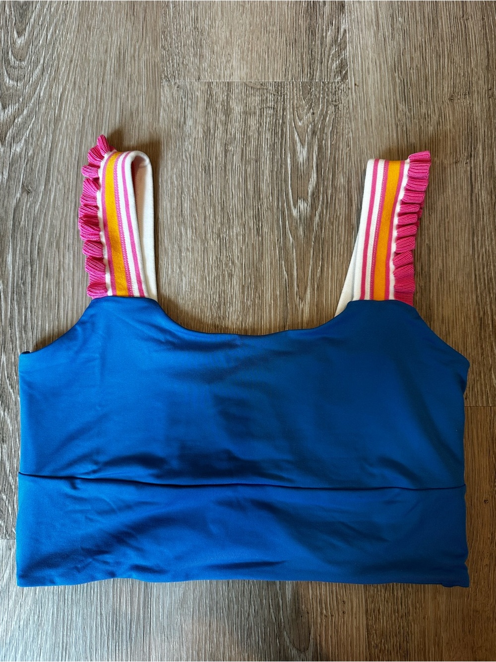 Blue Tank Top with Pink & Yellow Striped Ruffle Straps
